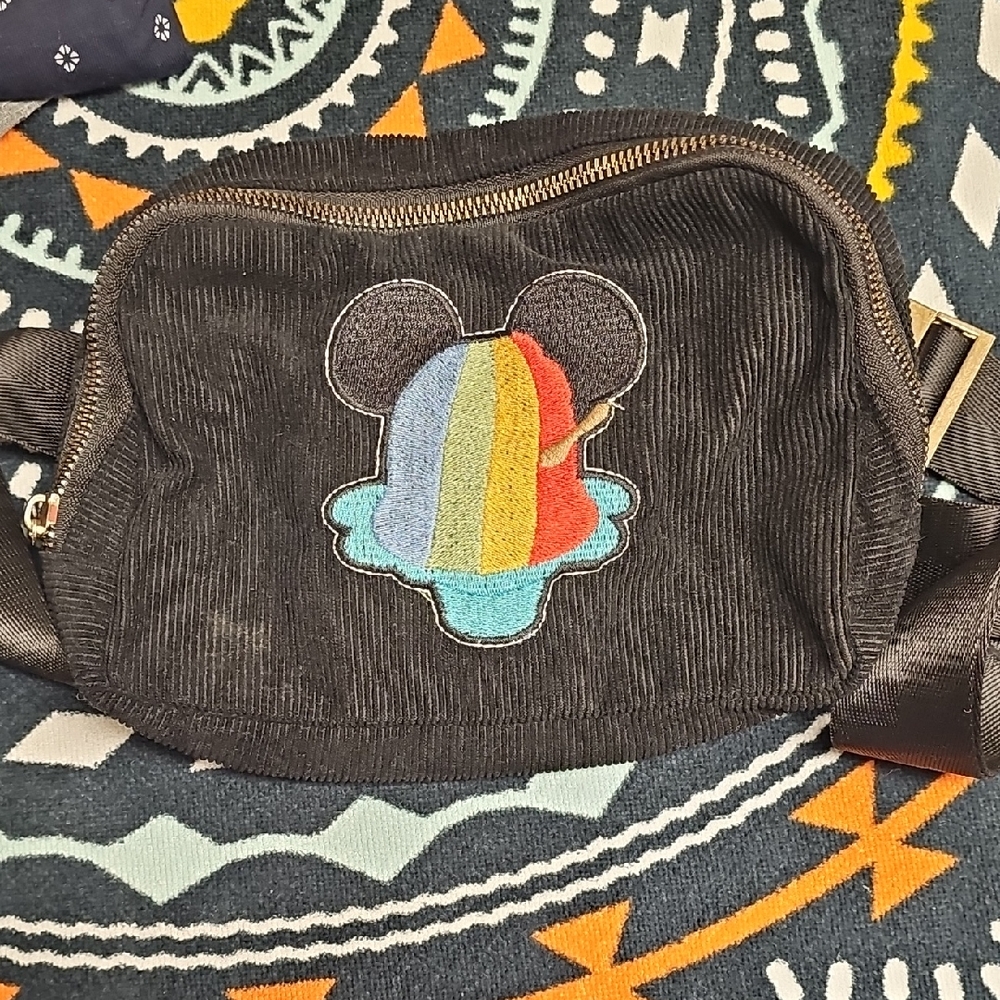 Kids Black Corduroy Waist Bag with Rainbow Patch